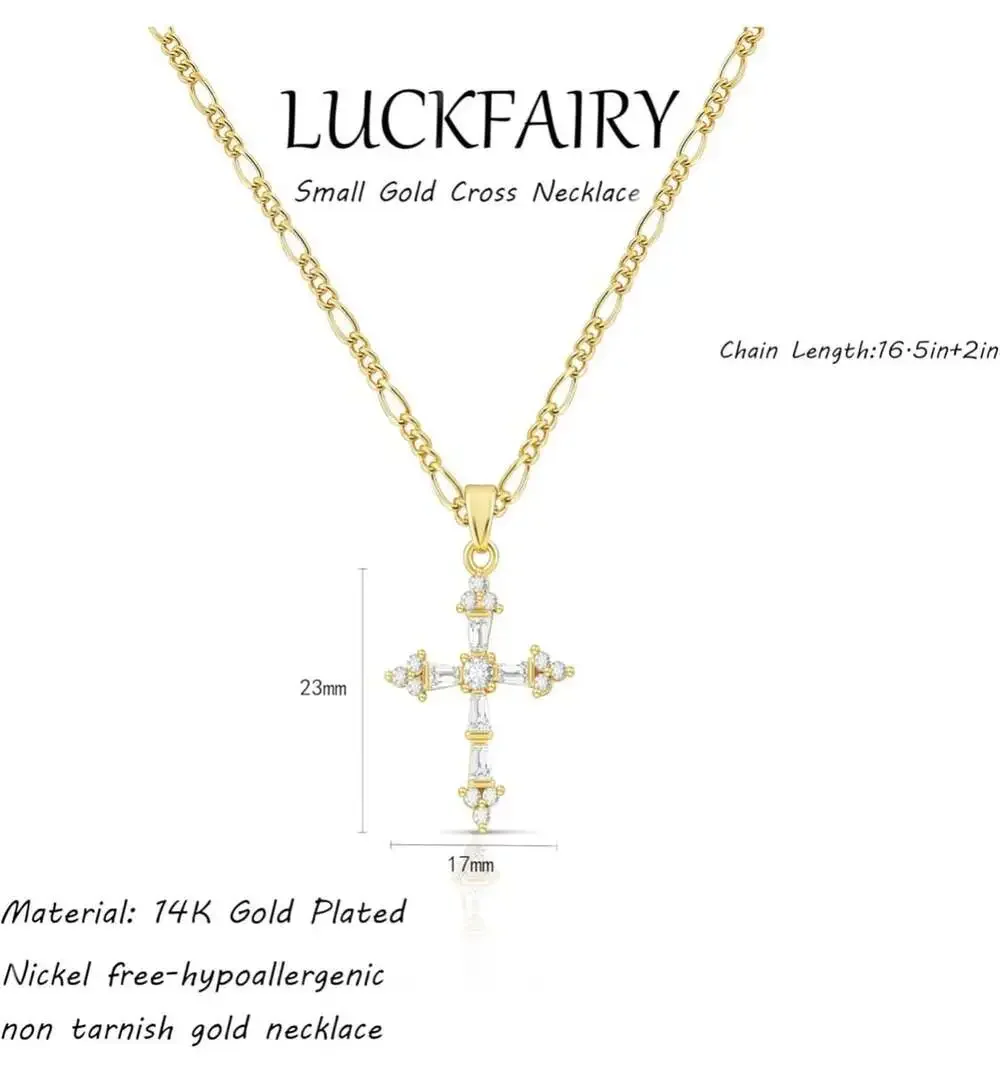 Luckfairy 14K Gold Plated Small Dainty CZ Cross‎ Pendant Necklace